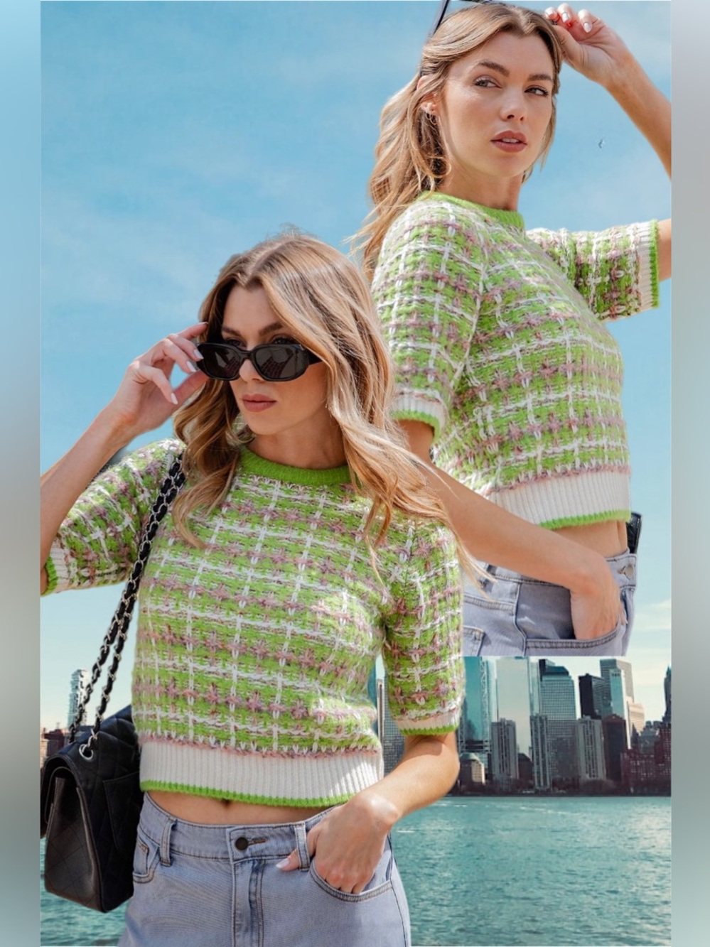 Easel | Totally Buggin Tweed Sweater Top Lime Green Plaid 90s Clueless New Small